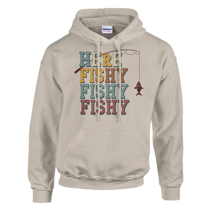 Here Fishy Fishy Fishy Hoodie with fishing graphic, heavy cotton-polyester blend, front pouch pocket, and drawstring hood in beige color.