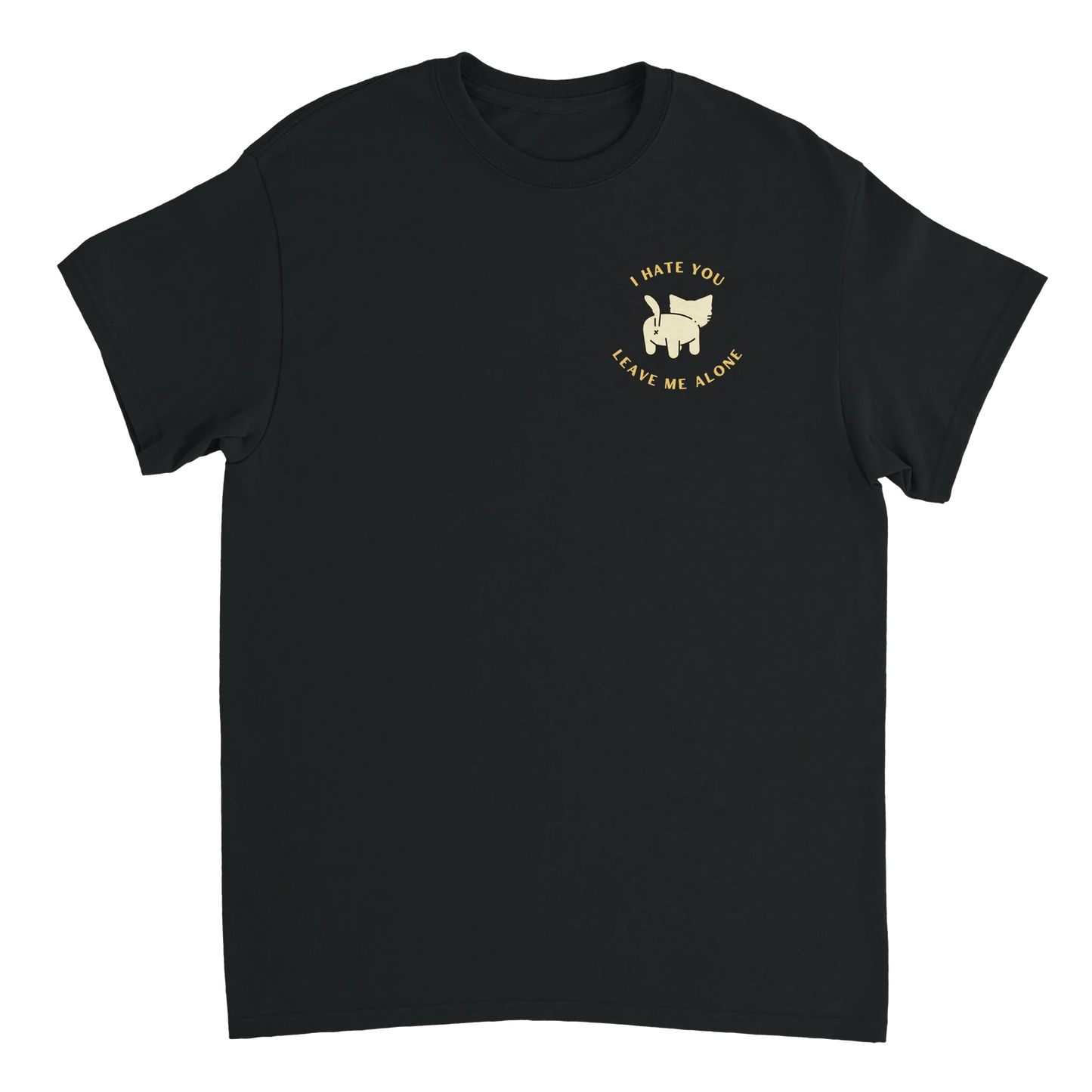 Black Stay Away Cat T-Shirt with playful cat behind and sassy sayings on front and back design