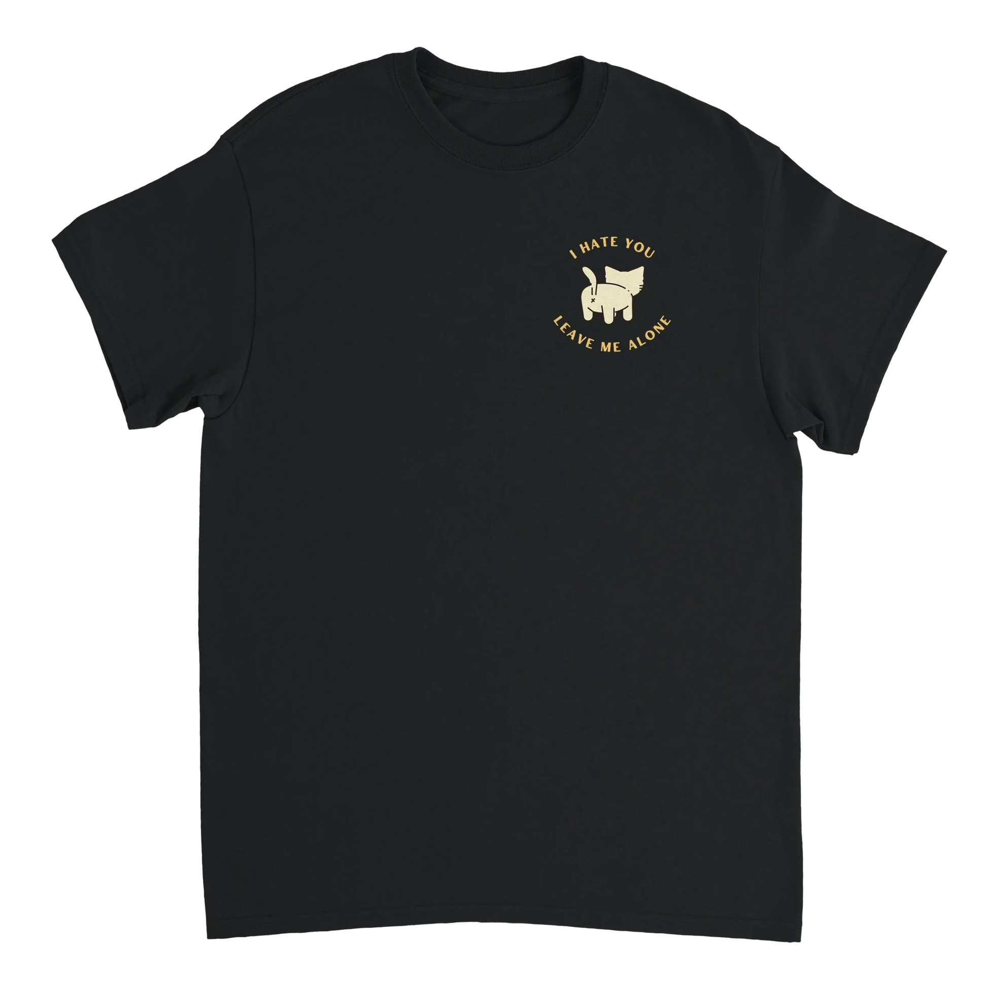 Black Stay Away Cat T-Shirt with playful cat behind and sassy sayings on front and back design