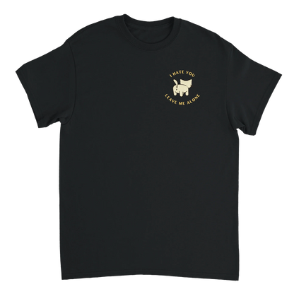 Black Stay Away Cat T-Shirt with playful cat behind and sassy sayings on front and back design