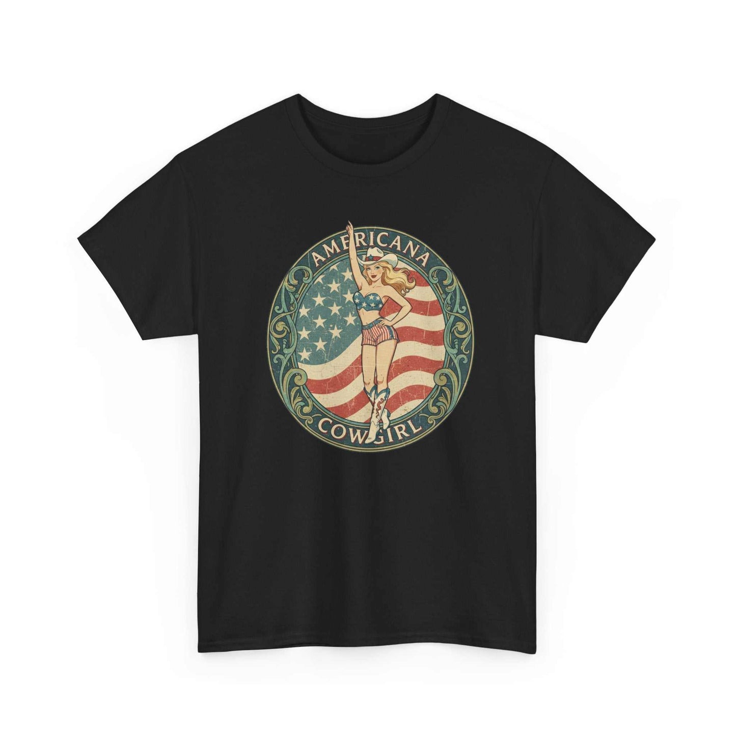 Black t-shirt with vintage Americana cowgirl emblem featuring a pin-up style cowgirl and distressed American flag design