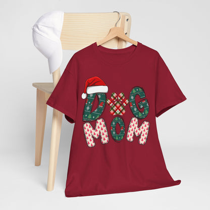 Christmas Dog Mom Tee with festive design and Santa hat on red unisex cotton shirt