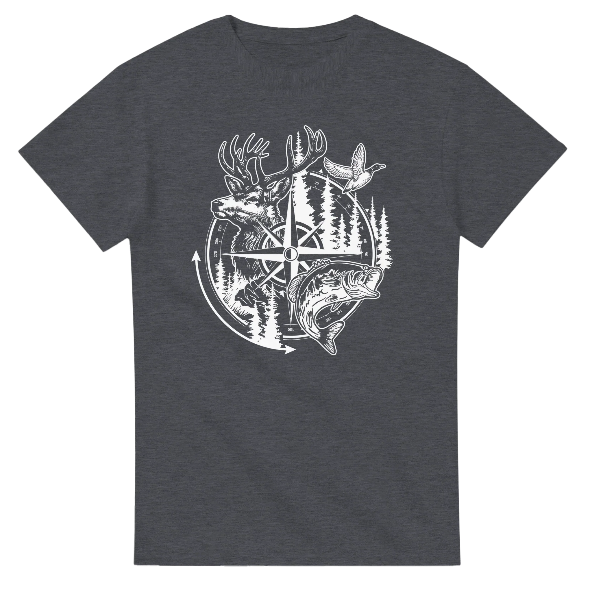 Big Buck Adventure T-Shirt with deer, fish, duck, and compass outdoor design on charcoal fabric