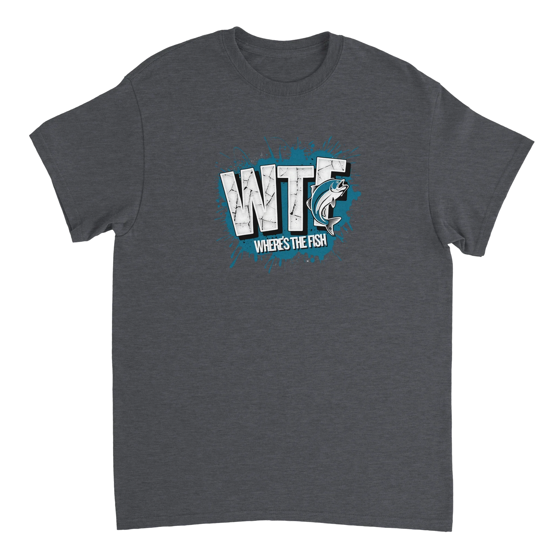 Dark grey WTF Where's The Fish whimsical fishing t-shirt with blue and white graphic design on front