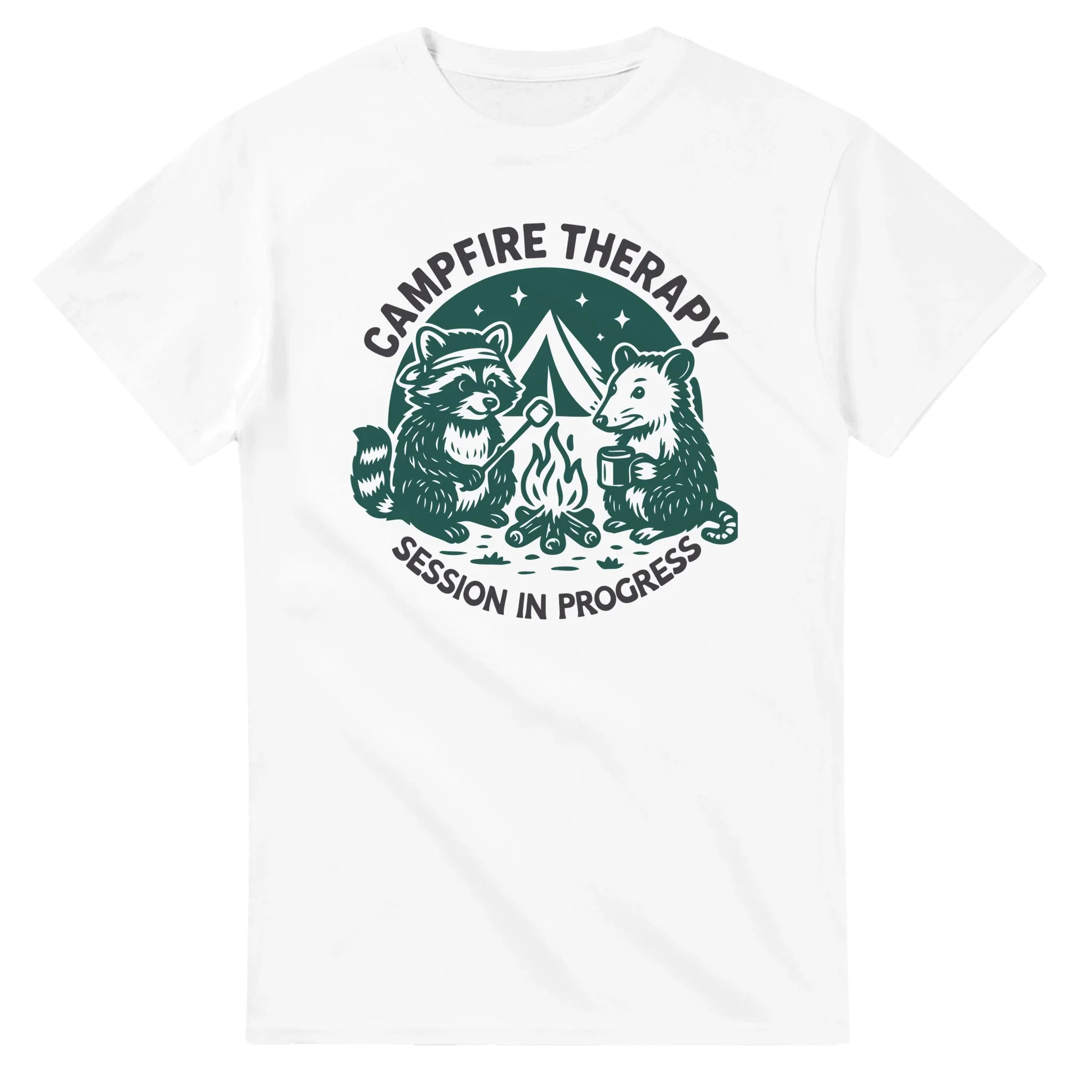 White Cute Campfire Therapy T-shirt with happy raccoon and bear roasting marshmallows around campfire design