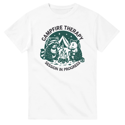 White Cute Campfire Therapy T-shirt with happy raccoon and bear campers around a campfire design