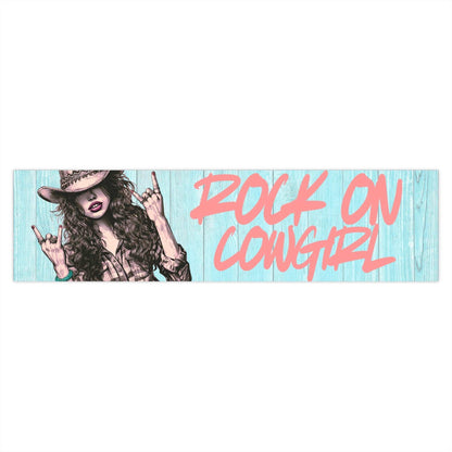Rock On Vintage Cowgirl bumper sticker with sassy cowgirl making rock-and-roll horns on turquoise wood background