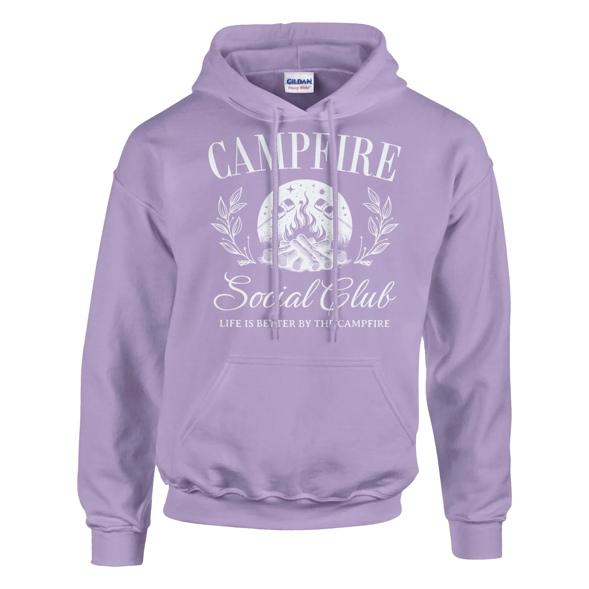 Lilac Campfire Social Club hoodie with campfire graphic and cozy design