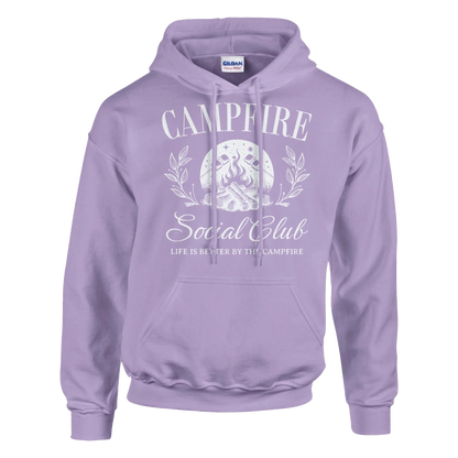 Lavender Campfire Social Club cozy hoodie with front pouch pocket and double-lined hood.