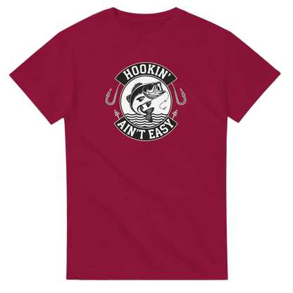 Hookin' Ain't Easy T-Shirt in maroon with fishing graphic and humorous text, heavyweight cotton, durable and comfortable design