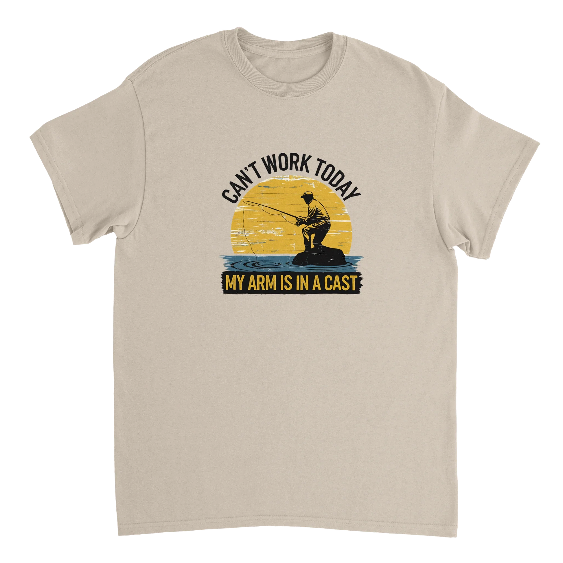 Funny Fishing T-Shirt with "Can't Work Today, My Arm is in a Cast" slogan and fishing graphic on beige cotton tee