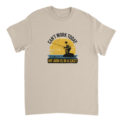 Funny Fishing T-Shirt with "Can't Work Today, My Arm is in a Cast" slogan and fishing graphic on beige cotton tee