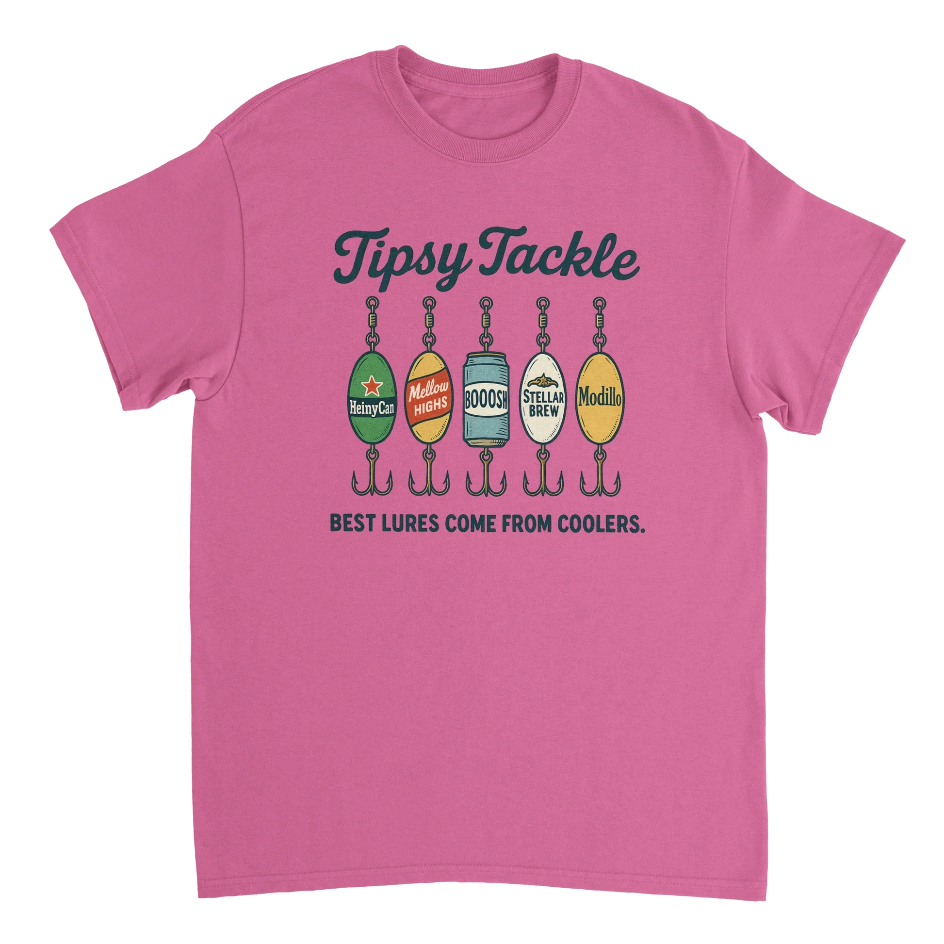 Tipsy Tackle T-Shirt with fishing lure design and "Best lures come from coolers" slogan on pink cotton tee
