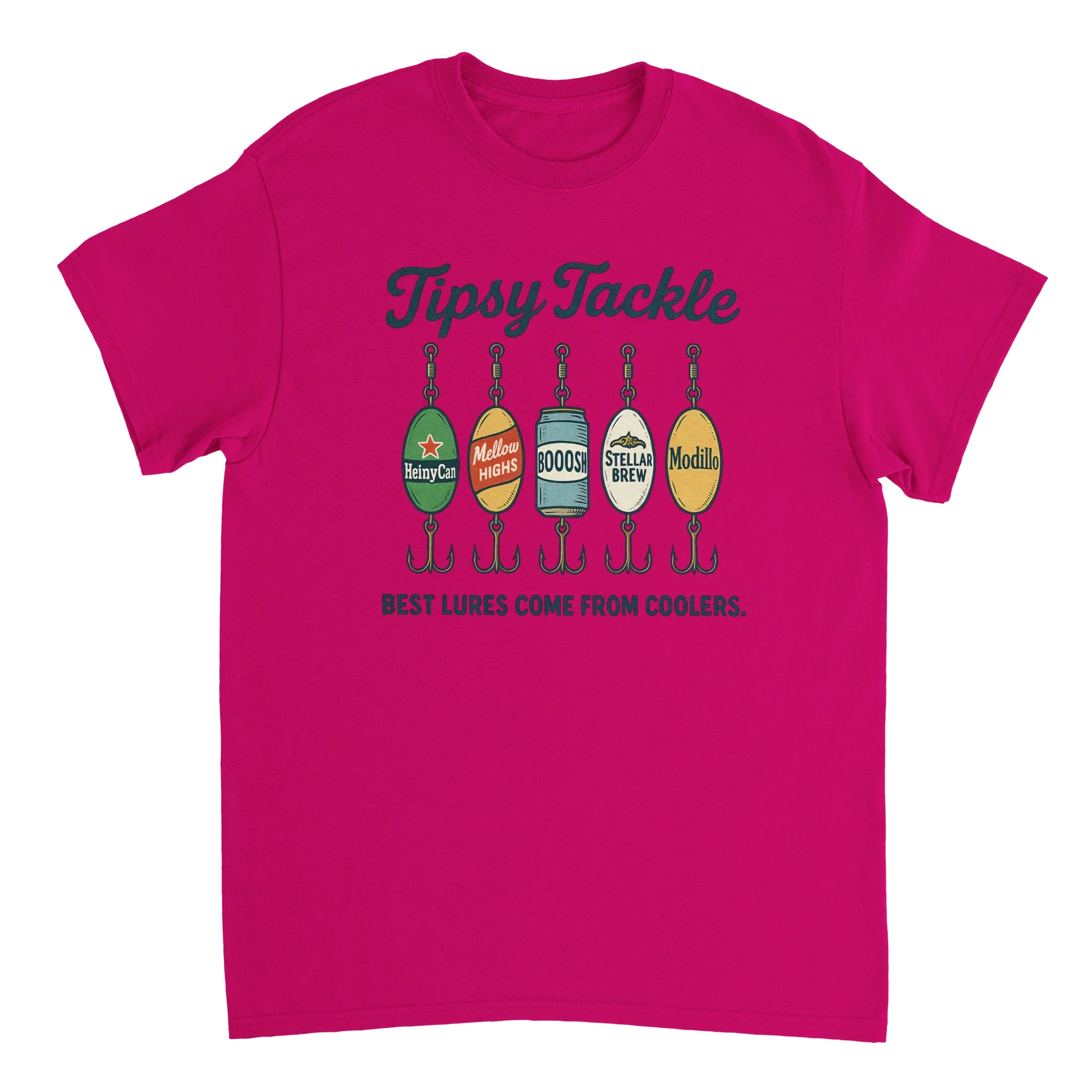 Tipsy Tackle T-Shirt with fishing lure and cooler beer design in bright pink for anglers