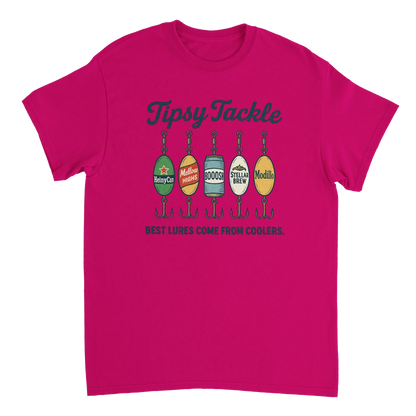 Tipsy Tackle T-Shirt with fishing lure and cooler beer design in bright pink for anglers