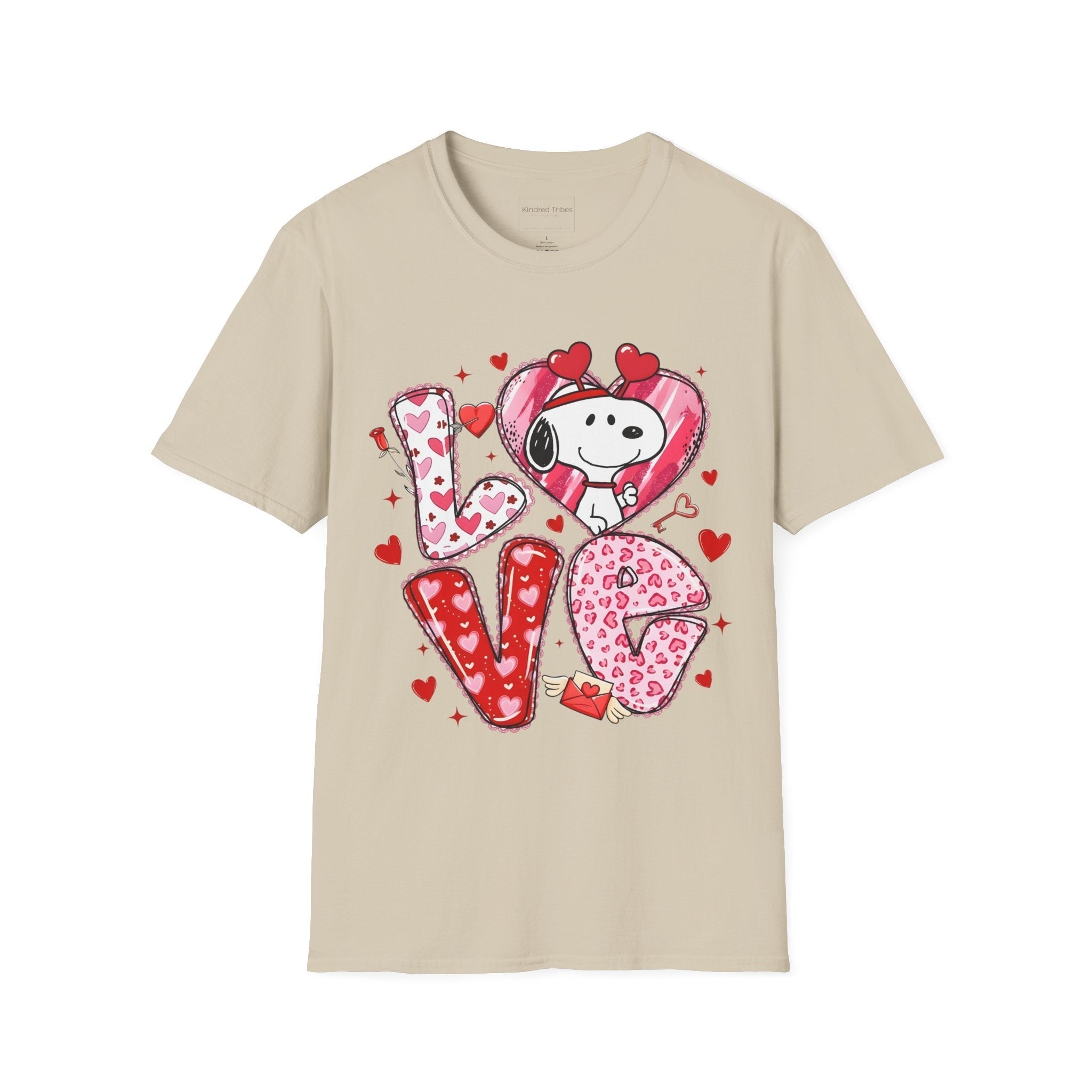 Beige Snoopy Love Heart-to-Heart T-Shirt with the letters L-O-V-E on it with pink and red hearts and the letter O is a heart with Snoopy in it. 