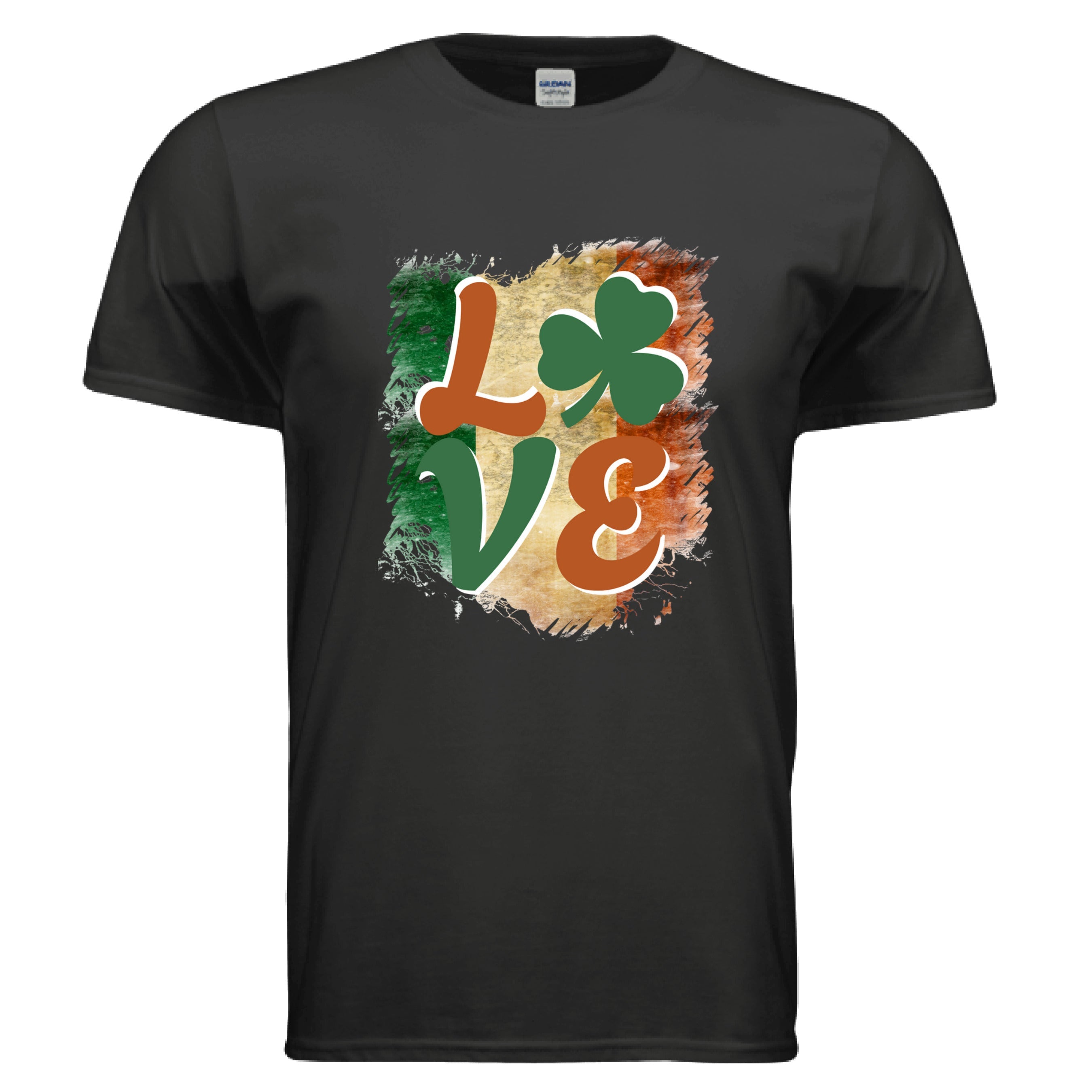A black Celtic Love t-shirt featuring a vintage-style graphic of the word 'LOVE.' The letters 'L,' 'V,' and 'E' are in a stylized, earthy orange and green font. A vibrant green shamrock replaces the letter 'O.' The entire word is set against a distressed, brushstroke-style background representing the green, white, and orange vertical stripes of the Irish flag.