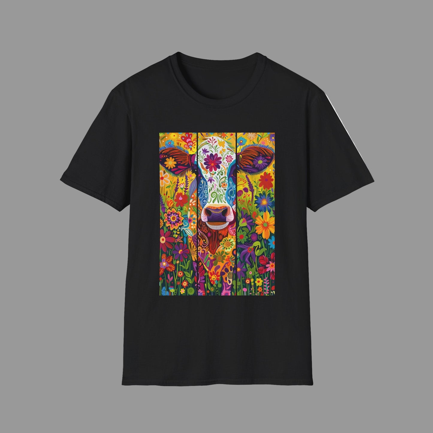 Black | Unisex | Colorful Floral Cow T-Shirt - Vibrant Folk Art Farm Animal Tee