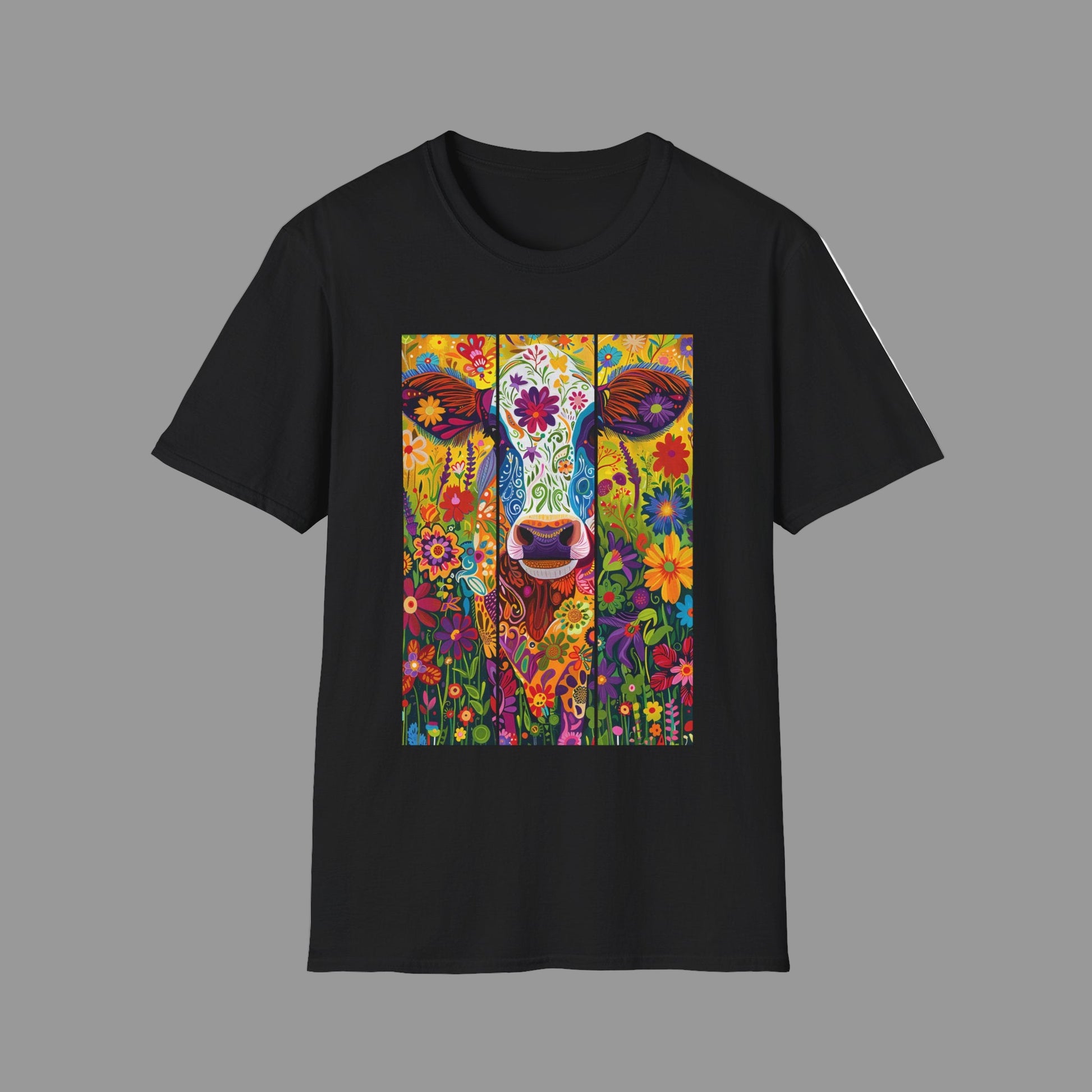 Black | Unisex | Colorful Floral Cow T-Shirt - Vibrant Folk Art Farm Animal Tee