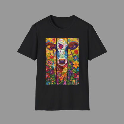 Black | Unisex | Colorful Floral Cow T-Shirt - Vibrant Folk Art Farm Animal Tee