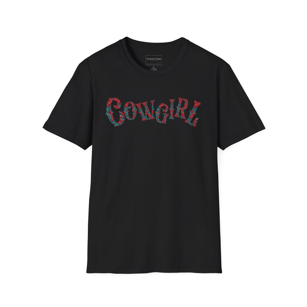 Black graphic t-shirt with 'COWGIRL'  text in colorful leather tooled letters.