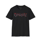 Black graphic t-shirt with 'COWGIRL'  text in colorful leather tooled letters.