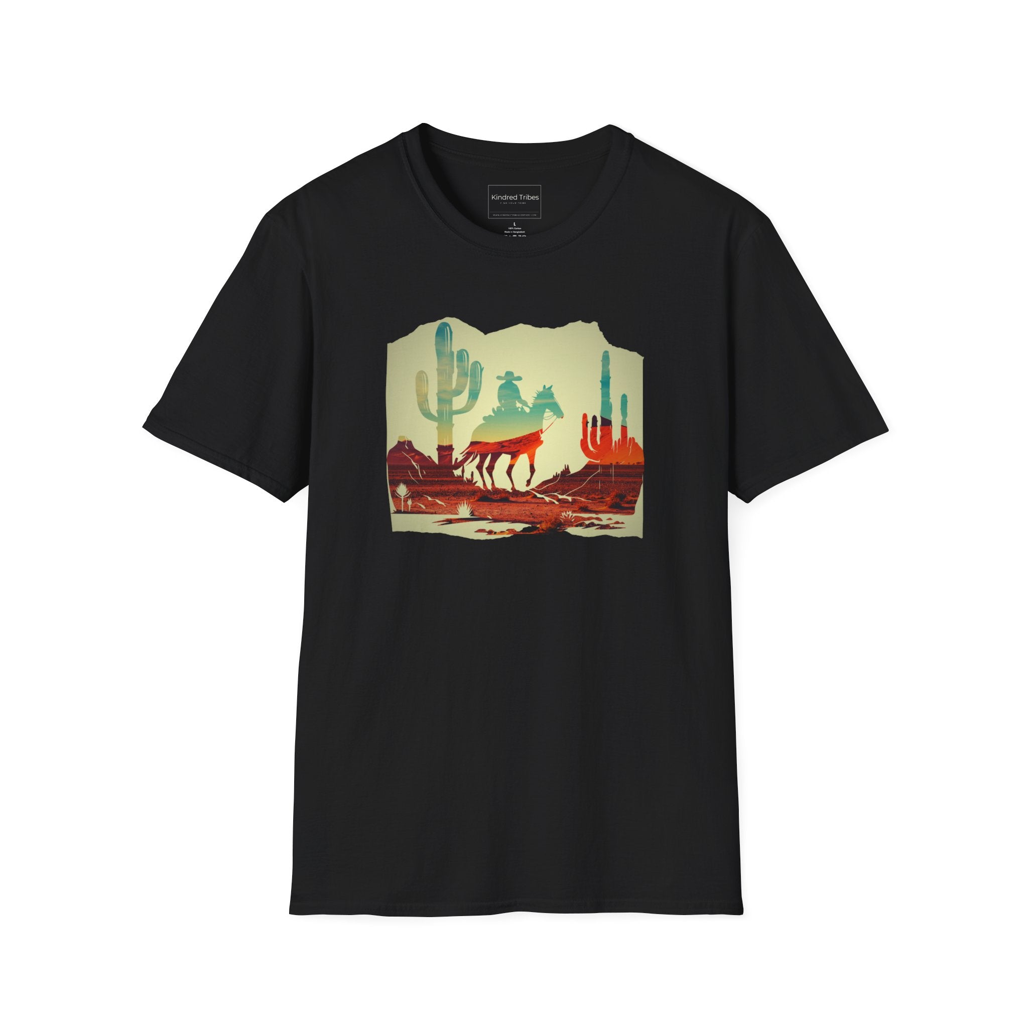 Desert Rider T-Shirt in Black - Artistic silhouette of a cowboy on a horse at sunset against large saguaro cacti. 