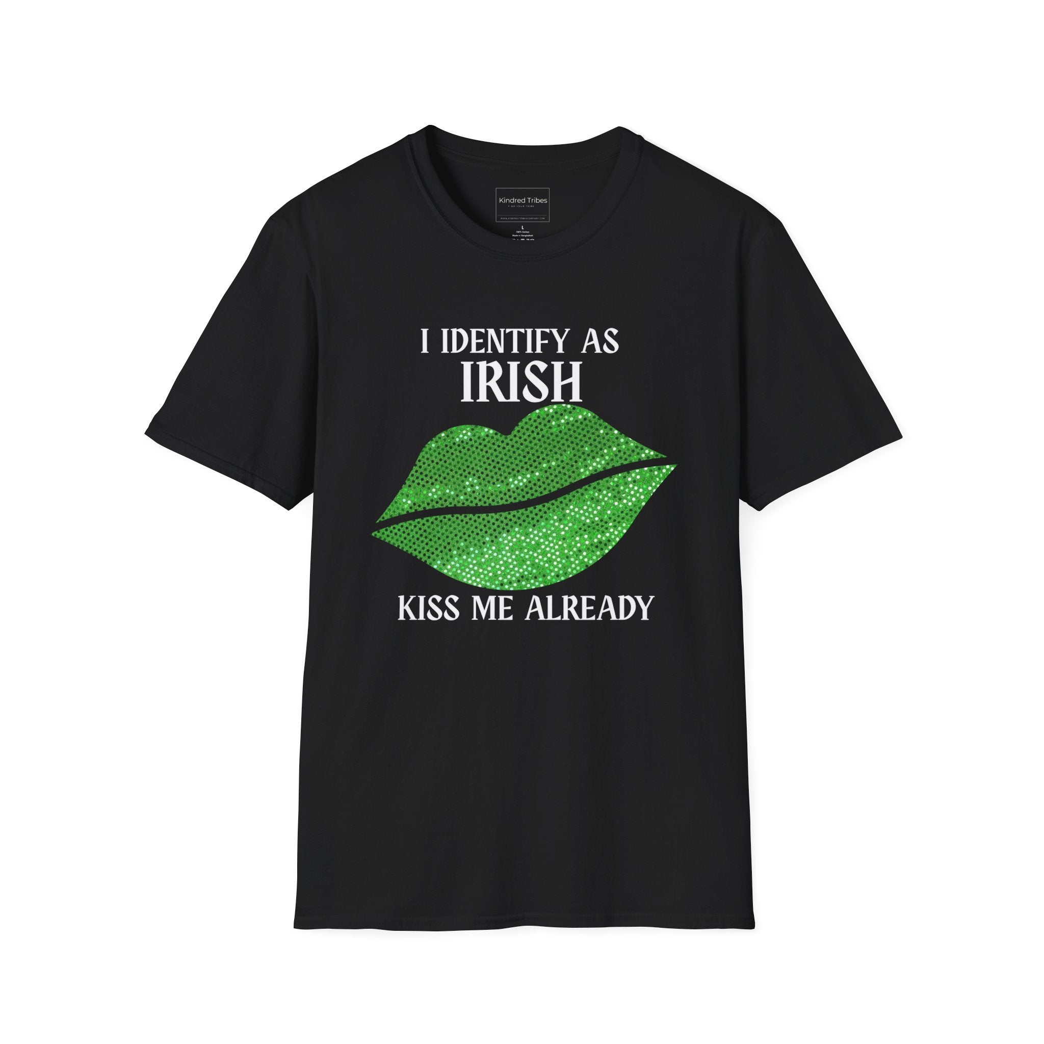 A black Identify As Irish T-Shirt featuring the text 'I IDENTIFY AS IRISH' in bold white celtic letters at the top. Below the text is a large pair of lips filled with a sparkling, vibrant green sequin-effect pattern. At the bottom, the phrase 'KISS ME ALREADY' is printed in a matching white font. 