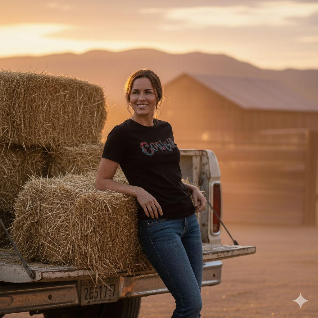 Woman leaning against the bed of a pickup truck with hay bales, against a sunset sky, and wearing a black t-shirt with 'COWGIRL' text, appearing like tooled leather, across the chest.