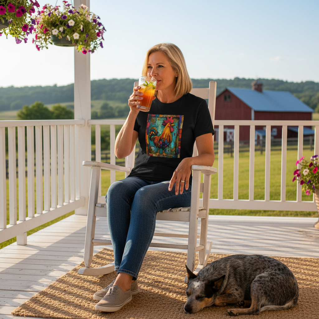 Black | Unisex | Lifestyle | Rooster Farmhouse T-Shirt - Colorful Rustic Rooster Art Tee