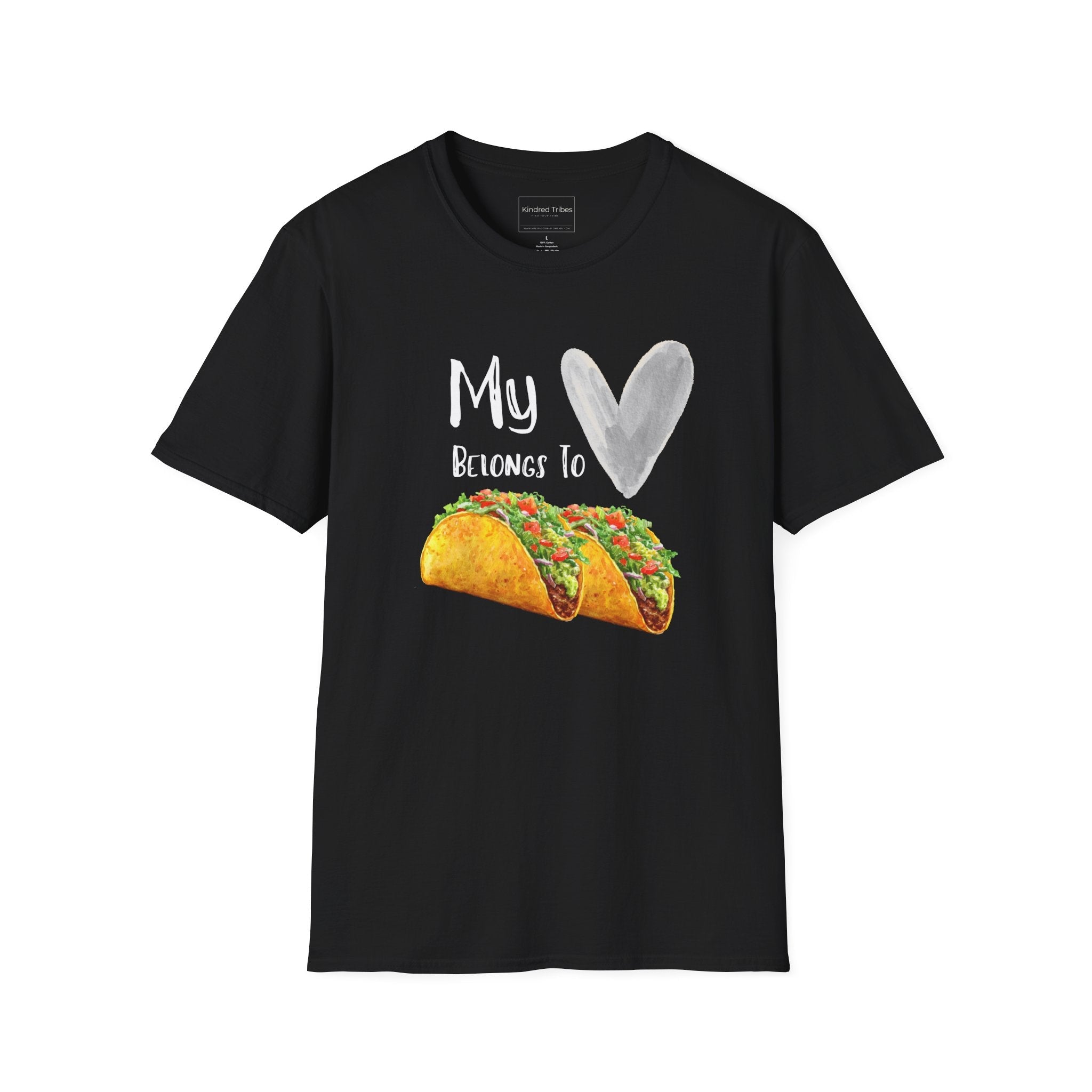 Black T-Shirt bearing the "My Heart Belongs To Tacos" sentiment where the word heart is replaced with a watercolored heart and tacos is replaced with two tacos.  