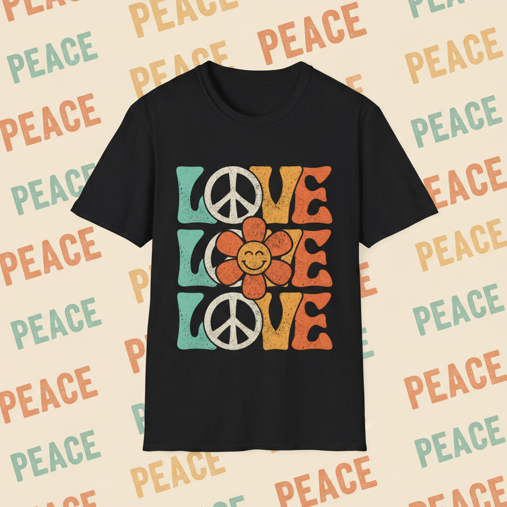Black | Unisex | Retro Peace and Love T-Shirt - Smiling Flower Hippie Tee