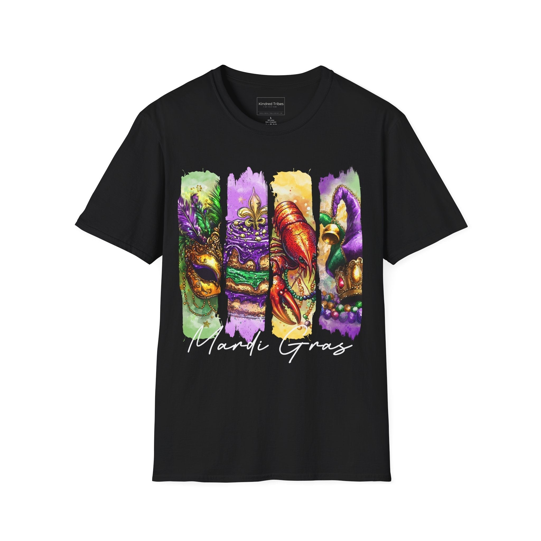 The Ultimate Mardi Gras Tee in Black featuring a four-panel vertical graphic celebrating Mardi Gras. The panels, from left to right, depict an ornate golden masquerade mask on a green background, a purple-iced King Cake with a fleur-de-lis on a purple background, a vibrant red crawfish on a yellow background, and a jester's hat with colorful beads on a purple background. Below the panels, 'Mardi Gras' is written in elegant black script.