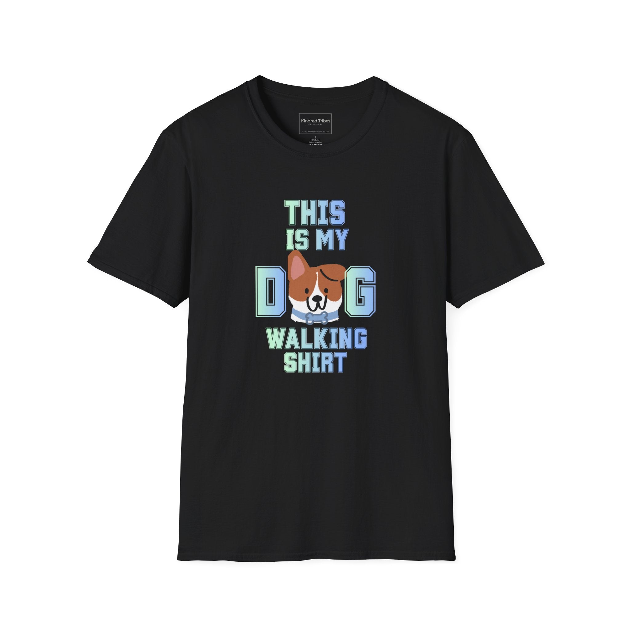 Black t-shirt with a cute dog graphic and text that reads 'This Is My Dog Walking Shirt'.