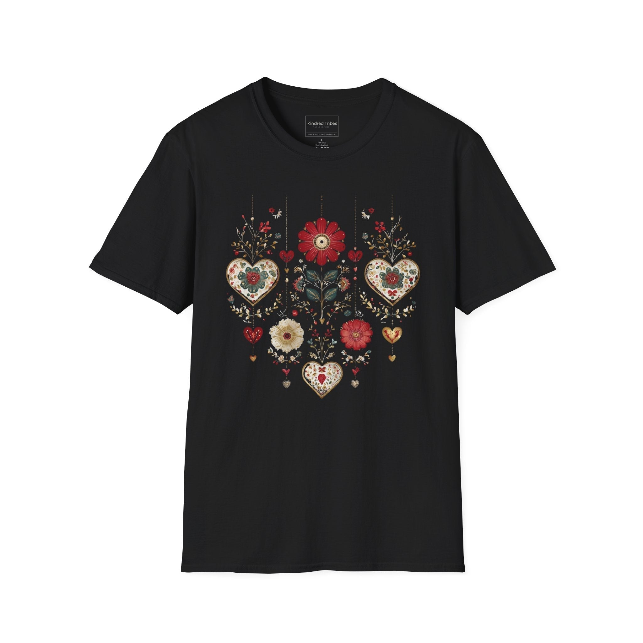 Black Folk Art Hanging Hearts T-Shirt has a floral folk art design with artisanal hearts.