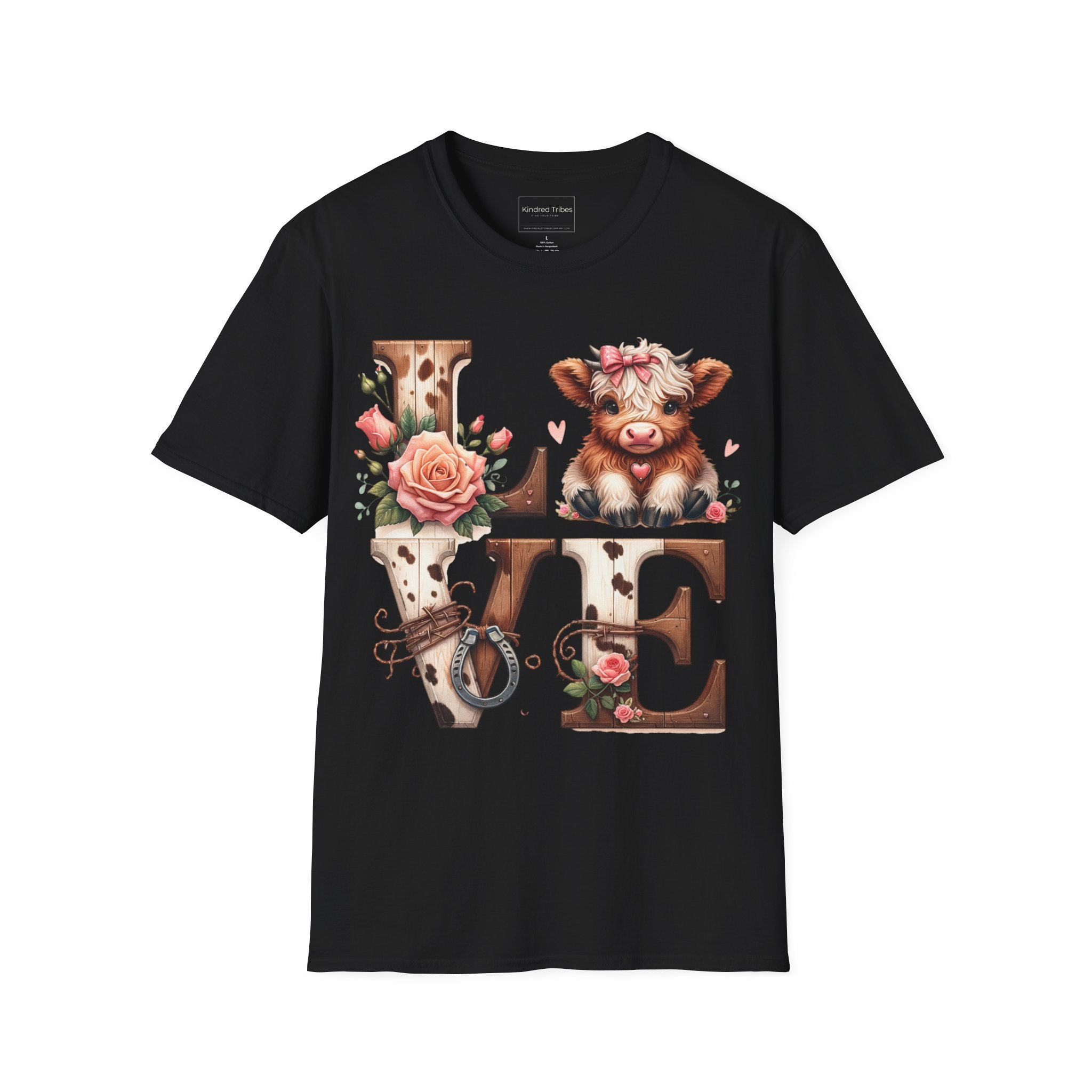 Black t-shirt with a baby highland cow  and floral highlights around wooden and cow hide letters spelling 'LOVE'.