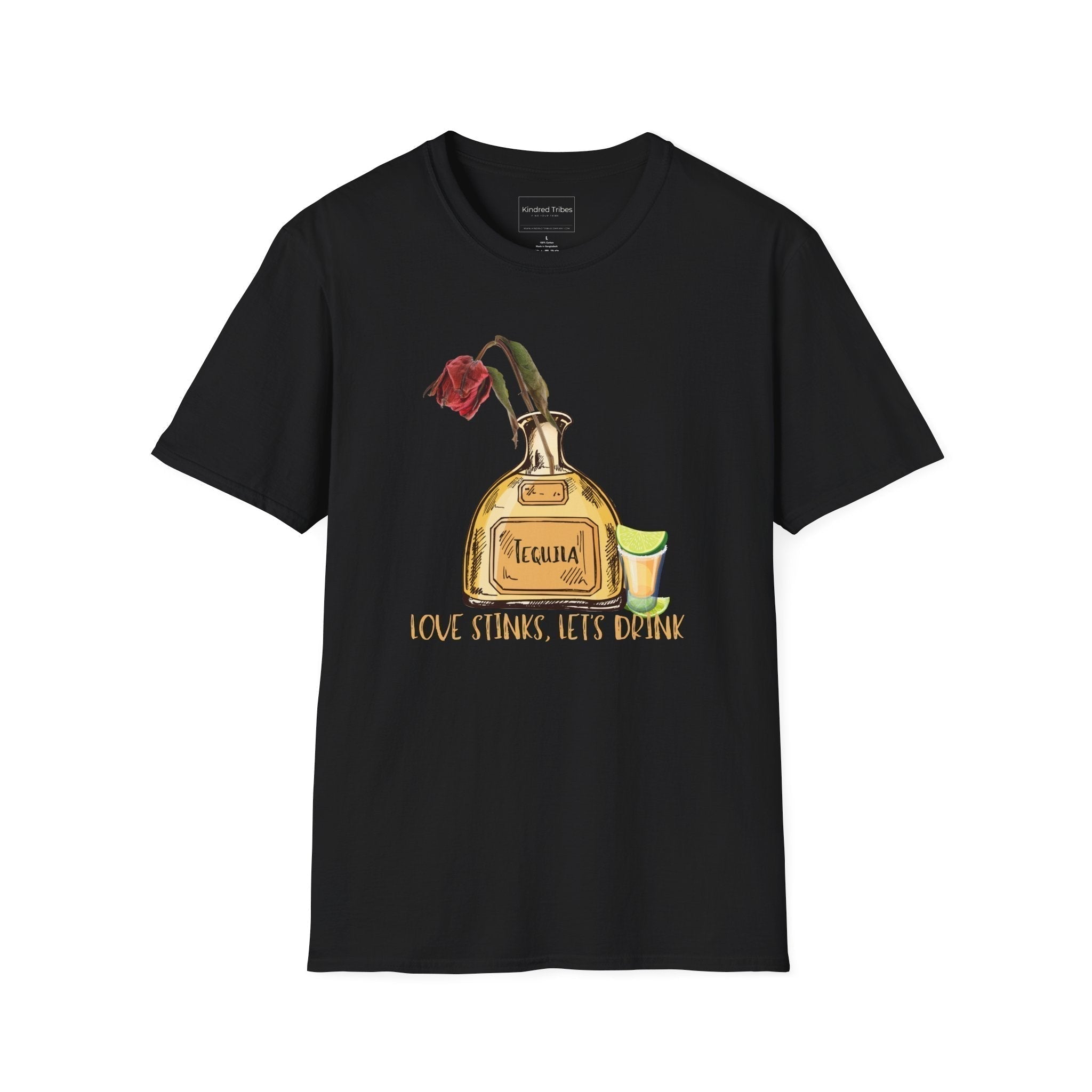 Black Love Stinks Let’s Drink Anti-V Day Tee with a graphic Tequila bottle with a wilted rose in it, a shot glass with limes to the side, and text of Love Stinks, Let's Drink under it. 