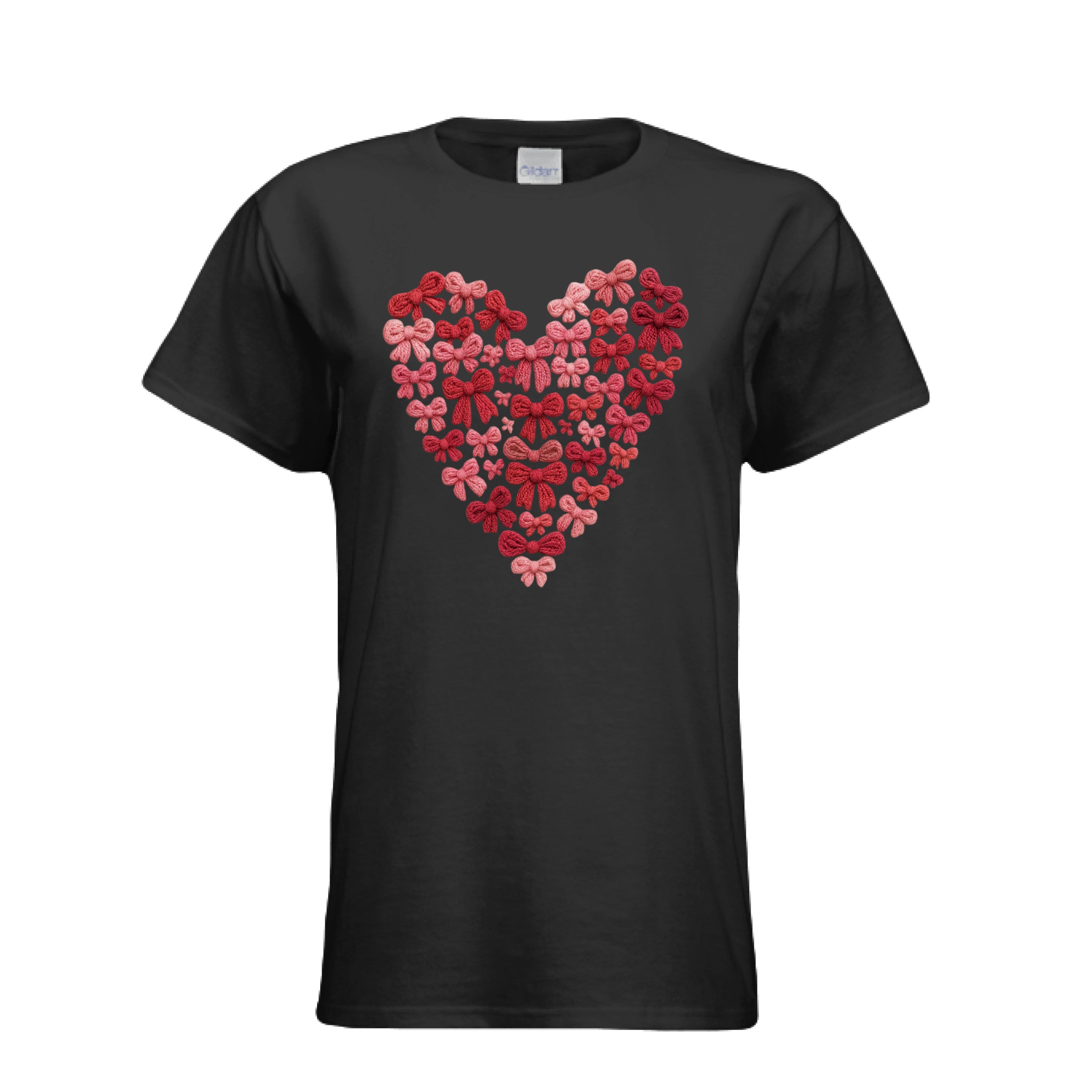 Black Knitted Hearts Coquette Bow Tee with a red heart made out of little bows that appear to be made out of yarn. 