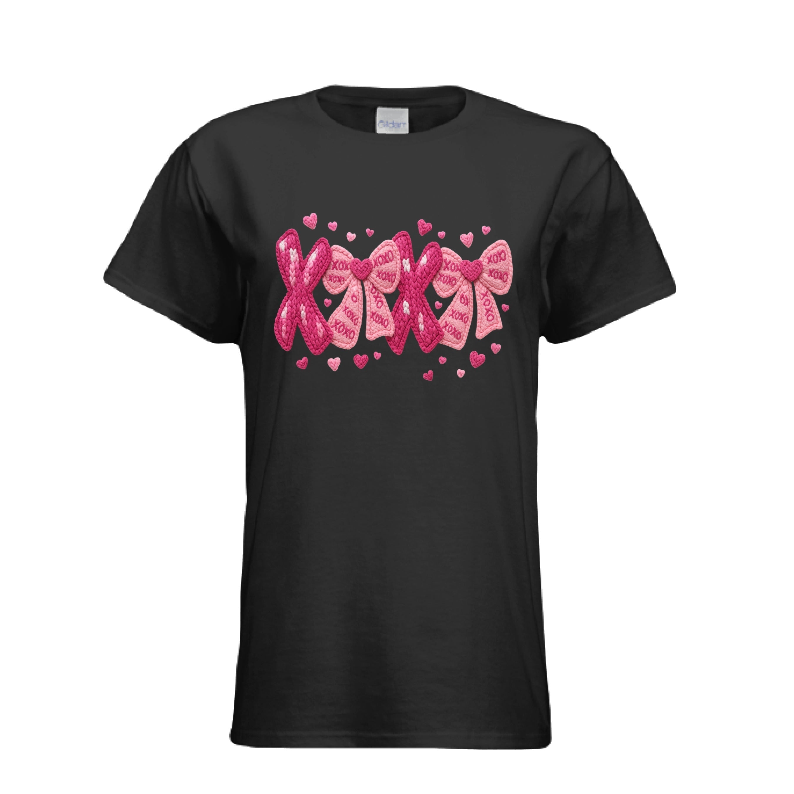 Black Womens XOXO Coquette Knitted Bows Tee is a unique yarn-textured "Hugs & Kisses" design on a fitted cotton t-shirt. 