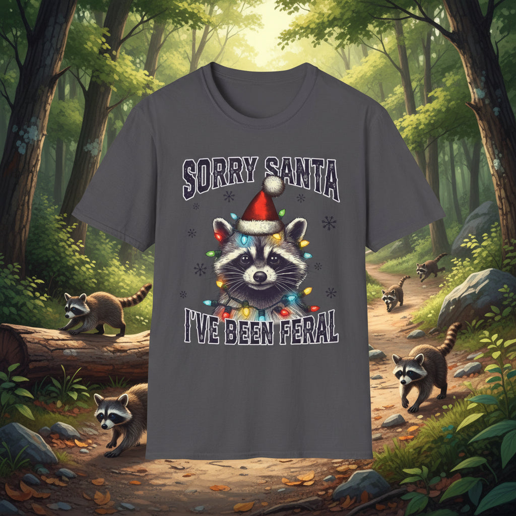 Charcoal Sorry Santa Feral Raccoon T-Shirt - Funny Christmas Humor Tee