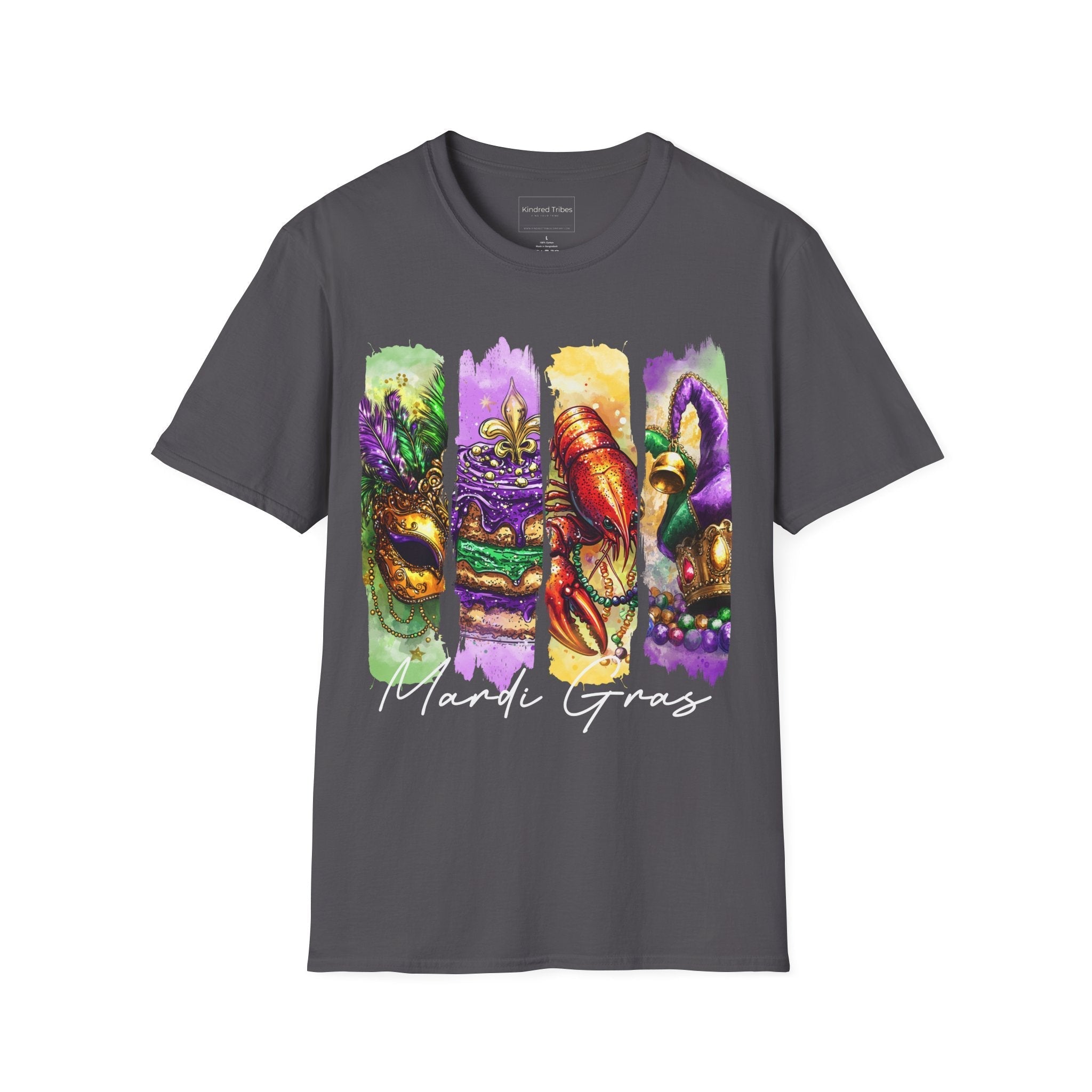 The Ultimate Mardi Gras Tee in Charcoal Grey featuring a four-panel vertical graphic celebrating Mardi Gras. The panels, from left to right, depict an ornate golden masquerade mask on a green background, a purple-iced King Cake with a fleur-de-lis on a purple background, a vibrant red crawfish on a yellow background, and a jester's hat with colorful beads on a purple background. Below the panels, 'Mardi Gras' is written in elegant black script.