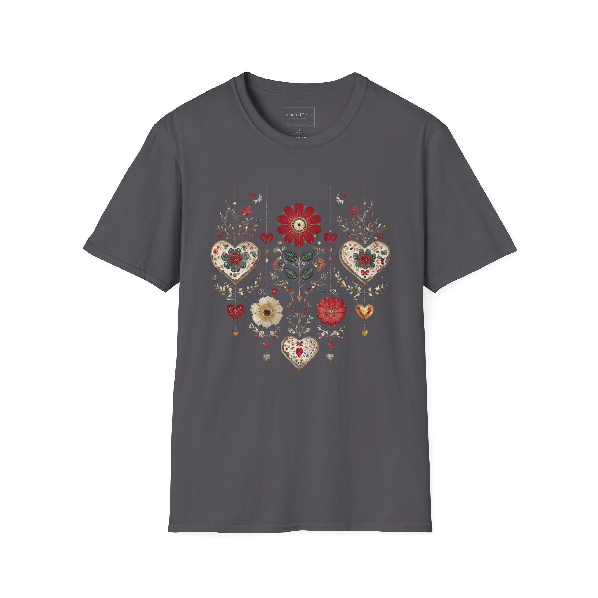 Charcoal Grey Folk Art Hanging Hearts T-Shirt has a floral folk art design with artisanal hearts.