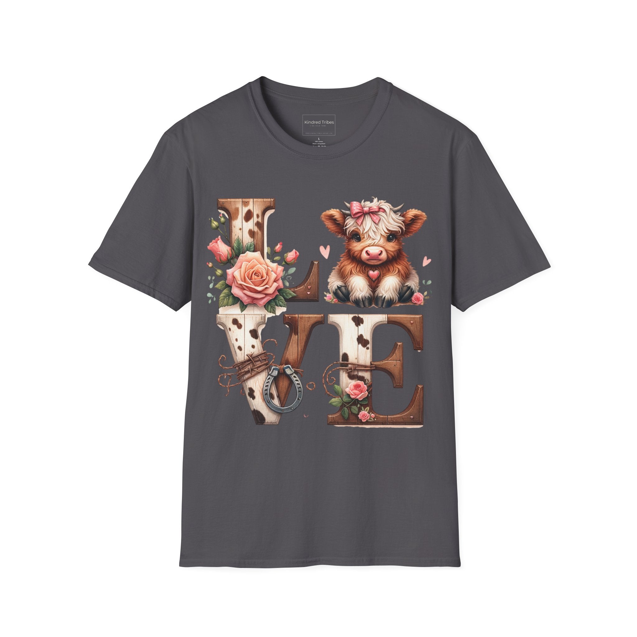 Charcoal t-shirt with a baby highland cow  and floral highlights around wooden and cow hide letters spelling 'LOVE'.