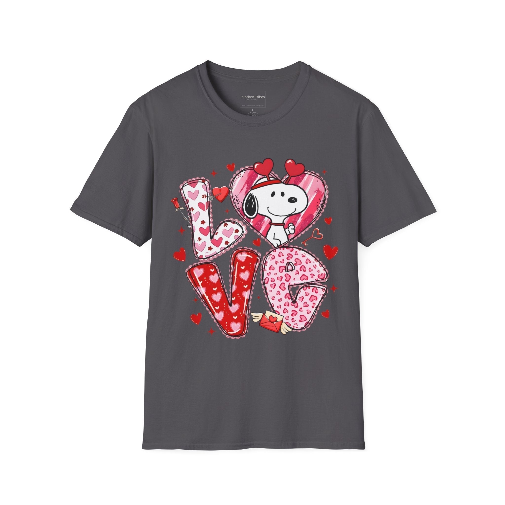 Gray Snoopy Love Heart-to-Heart T-Shirt with the letters L-O-V-E on it with pink and red hearts and the letter O is a heart with Snoopy in it. 
