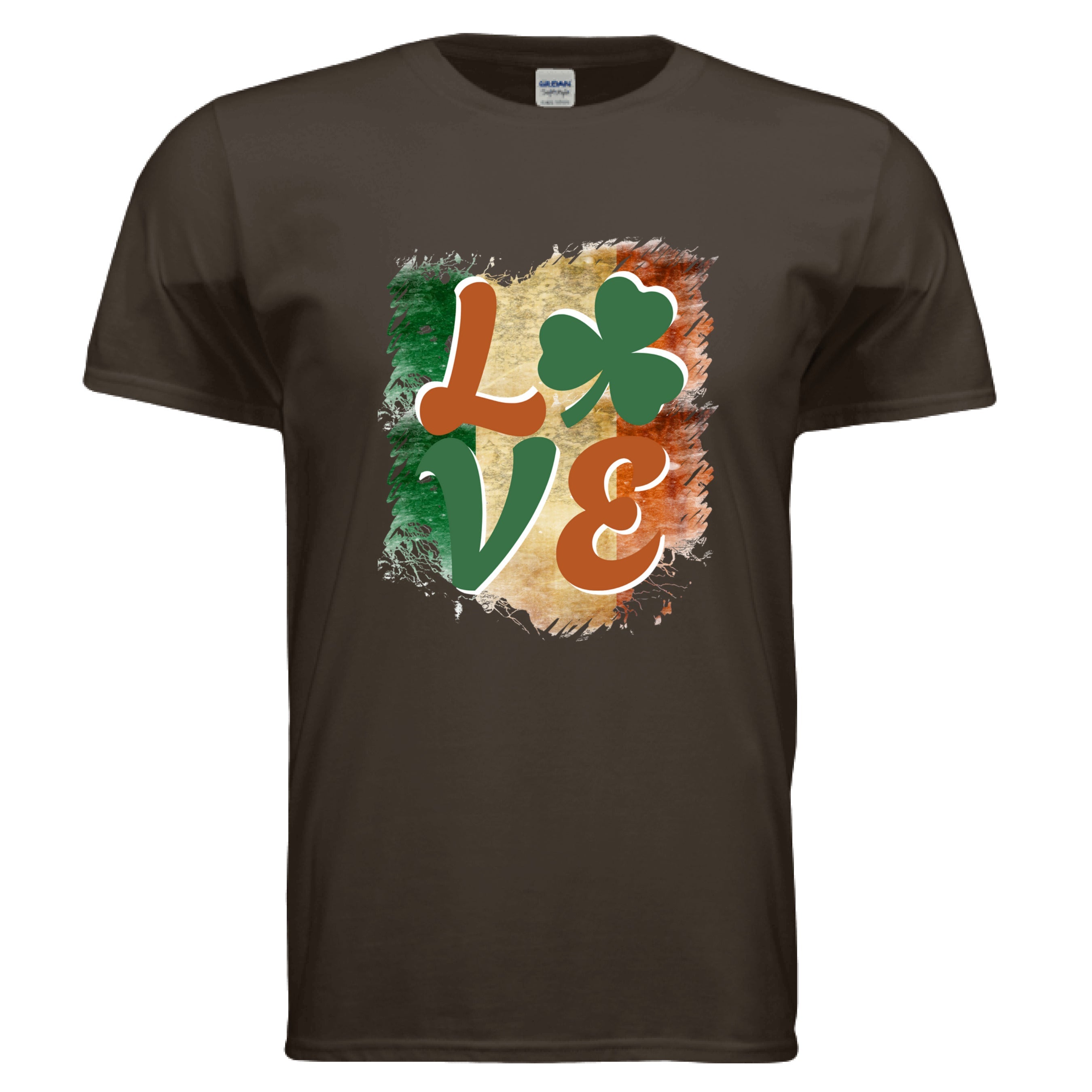A Chocolate Brown Celtic Love t-shirt featuring a vintage-style graphic of the word 'LOVE.' The letters 'L,' 'V,' and 'E' are in a stylized, earthy orange and green font. A vibrant green shamrock replaces the letter 'O.' The entire word is set against a distressed, brushstroke-style background representing the green, white, and orange vertical stripes of the Irish flag.