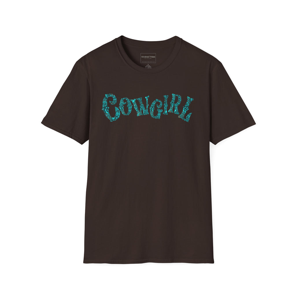 Dark Brown graphic t-shirt with 'COWGIRL'  text in colorful leather tooled letters.