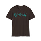 Dark Brown graphic t-shirt with 'COWGIRL'  text in colorful leather tooled letters.