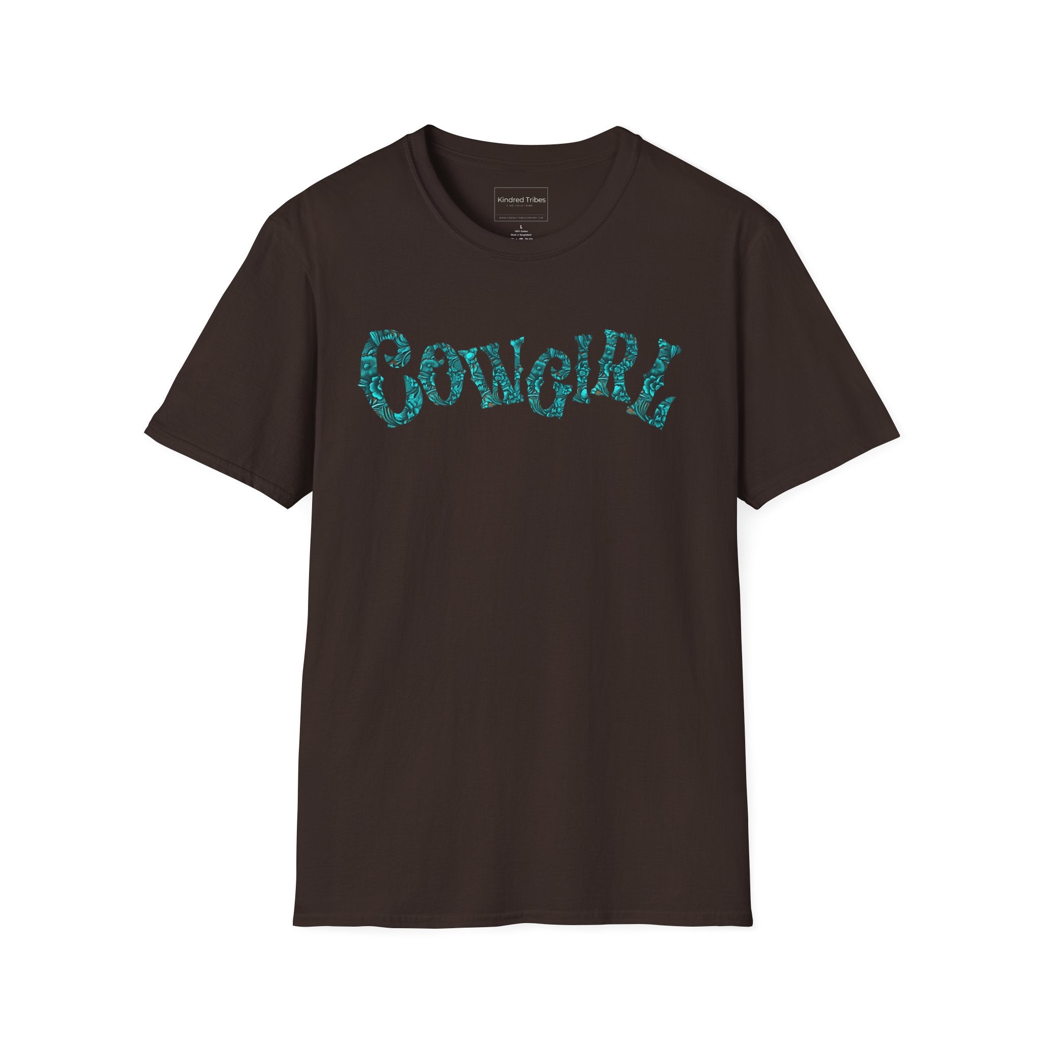 Dark Brown graphic t-shirt with 'COWGIRL'  text in colorful leather tooled letters.