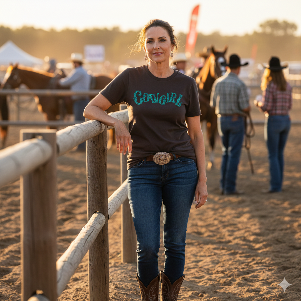 Woman standing by a wooden fence with people and horses in the background and she is wearing a chocolate brown t-shirt with 'Cowgirl' text, with the letters simulating tooled leather, across the chest.