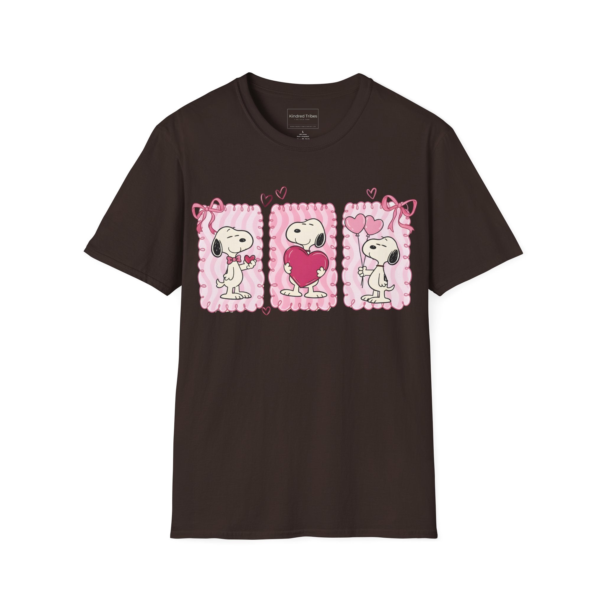 Brown T-shirt with three distinct panels of Snoopy—sharing a small heart, hugging a giant one, and holding heart-shaped balloons—this tee is a playful celebration of friendship, affection, and the "Puppy Love" spirit.